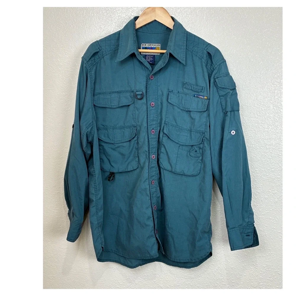 Ex Officio Adventure Travel Shirt Mens Teal Blue Long Sleeve Utility Hiking 3920
